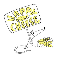 New year illustration with mouse - symbol of year 2020, and funny slogan Happy New Cheese in doodle style isolted on white background. Hand drown vector for celebration and printshop