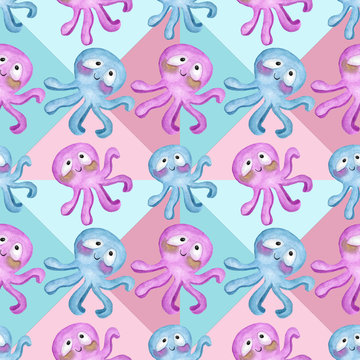 Seamless pattern of cute cartoon-style pink and blue octopuses on a pink and blue background divided into triangles . Watercolor illustrations for postcards, Wallpaper, texture, design, and so on