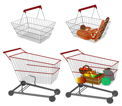 Supermarket baskets and trolleys. Empty and with different kinds of food.
