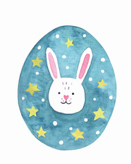 Easter egg with a rabbit and stars on a turquoise background. Watercolor illustration