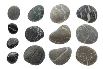 Set of different stones top view. Sea Striped and textured stones, round and oval shape collection. Stock photo Isolated on a white background