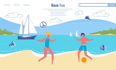 Couple have Fun on Beach at Vacation, Flat Banner.