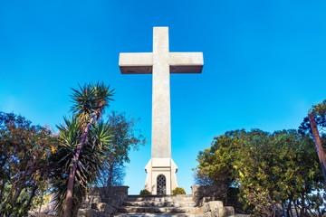 Gigantic cross made of concrete near Monastery of Filerimos on hill of Philerimus (Rhodes, Greece)