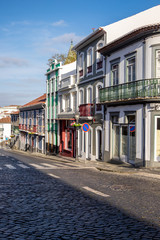 Fototapeta na wymiar Colorful houses in in Angra do Herosimo, Terceira, Azores, Portugal