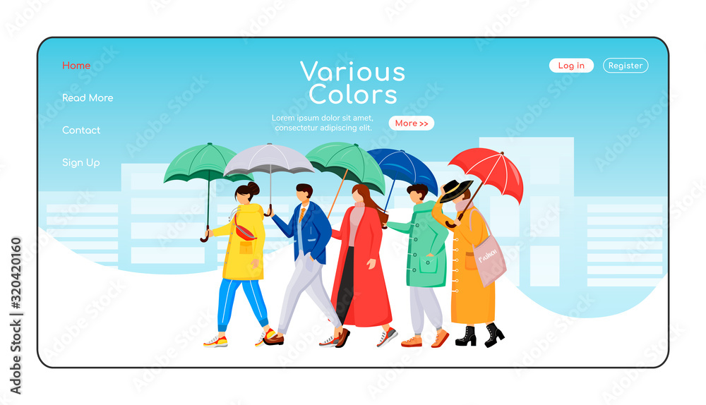 Wall mural various color umbrellas landing page flat color vector template. people in raincoats homepage layout
