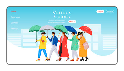 Various color umbrellas landing page flat color vector template. People in raincoats homepage layout. Rainy weather one page website interface with cartoon character. Walking crowd web banner, webpage