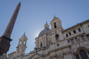 Fototapeta na wymiar Rome, Italy, September 27th, 2018: Piazza Navona, Sant 'Agnese Church and the Dominican Obelisc ofthe Fountain of the 4 Rivers.