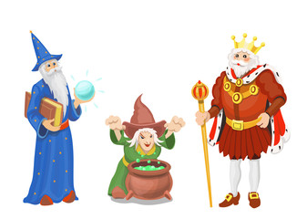 Fairy tale. King in crown, wizard and witch. Cartoon medieval kingdom character set. Magical stories vector set.
