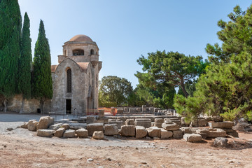 Remains of Temple of Athena Polias in front of Monastery of Filerimos in Ialyssos (Rhodes, Greece)