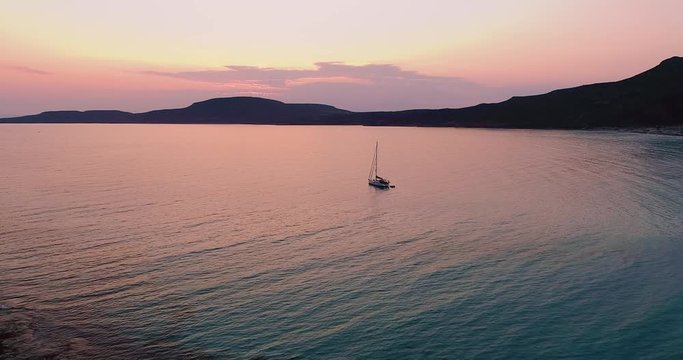 Aerial view of Simos beach at sunset in Elafonisos island in Greece