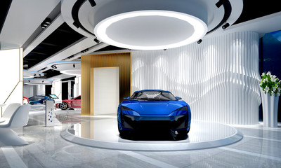 3d render car store, exhibition showroom