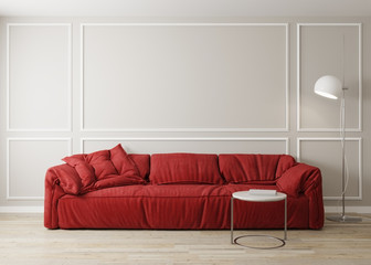 Stylish interior of bright living room with red sofa and coffee table with decoration. Living room interior mockup. Modern design room with bright daylight. 3d render