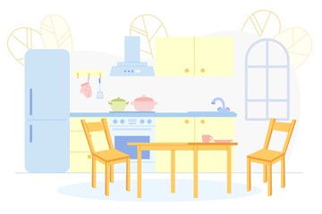 Retro Kitchen and Dining Room with Furniture.