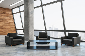 Contemporary waiting room with city view.