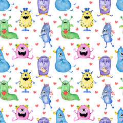 Watercolor seamless cute monster pattern. Hand-drawn background illustration of funny cartoon monsters in love.