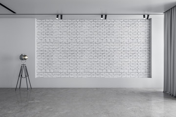 Exhibition hall interior and white brick wall with copyspace