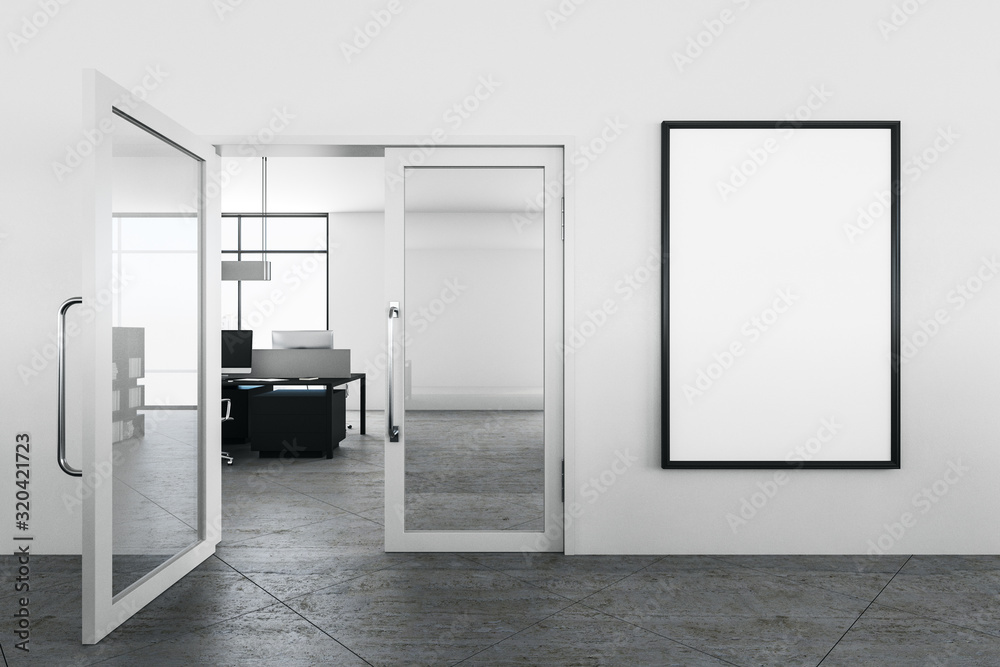 Wall mural modern office interior with embty banner on wall.