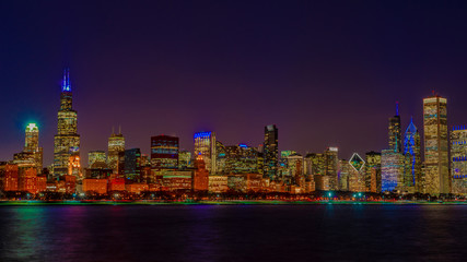 Chicago skyline by the Lake Michigan at night, Panoramic 16x9, Chicago IL, January 2019