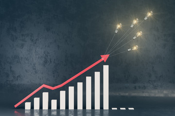 Growing stock chart with red arrow and lightbulb.
