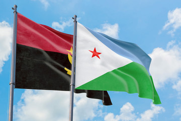 Djibouti and Angola flags waving in the wind against white cloudy blue sky together. Diplomacy concept, international relations.