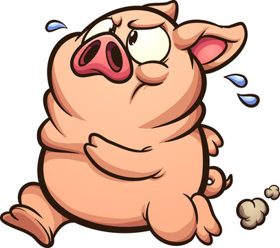 Fat little running pig sweating cartoon. Vector clip art illustration with simple gradients. All on a single layer.