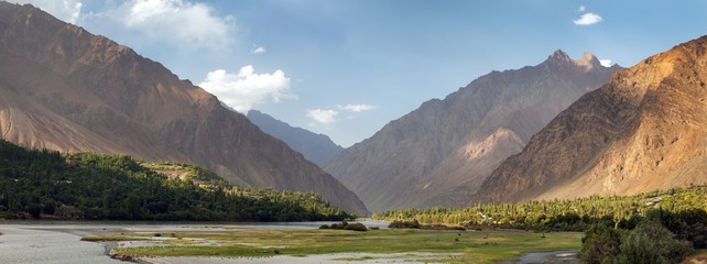 Panj river and Pamir mountains panoramic view