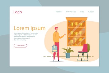 Student Standing near Cupboard with Trophies.