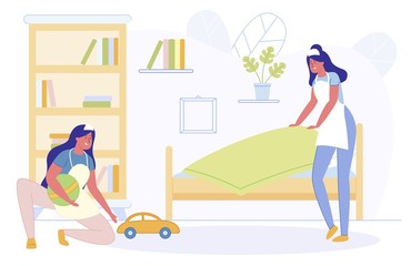 Women from Cleaning Service Tidying Up Kids Room.