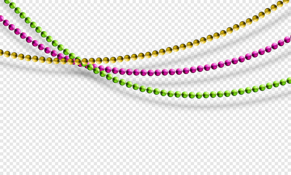 Mardi Gras beads isolated on transparent background in traditional colors purple, gold and green. Fat Tuesday decoration element. Vector illustration