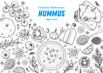 Hummus cooking and ingredients for hummus, sketch illustration. Middle eastern cuisine frame. Healthy food, design elements. Hand drawn, package design. Mediterranean food.