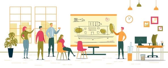 People at Room Look at Board with Building Plan.