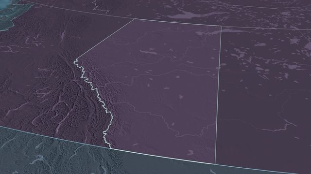 Alberta, province with its capital, zoomed and extruded on the administrative map of Canada in the conformal Stereographic projection. Animation 3D