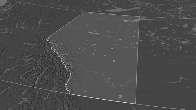 Alberta, province with its capital, zoomed and extruded on the bilevel map of Canada in the conformal Stereographic projection. Animation 3D