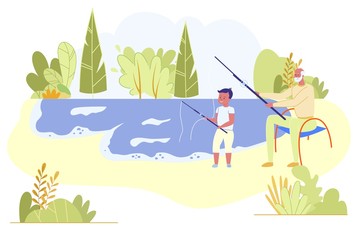 Grandfather and Grandson Fishing on Pond Coast