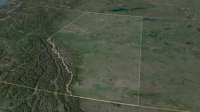 Alberta, province with its capital, zoomed and extruded on the satellite map of Canada in the conformal Stereographic projection. Animation 3D
