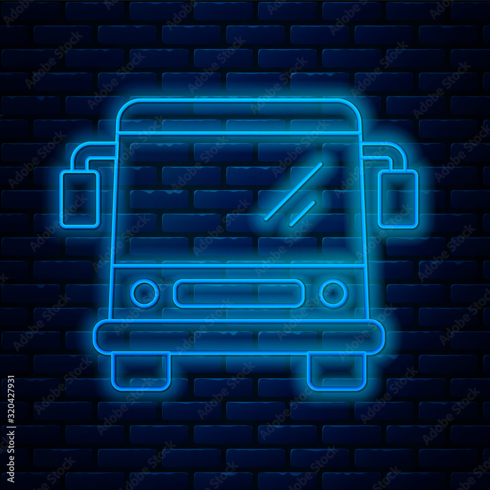 Poster glowing neon line bus icon isolated on brick wall background. transportation concept. bus tour trans