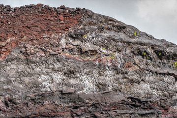 Leilani Estate, Hawaii, USA. - January 14, 2020: 2018 Kilauea volcano eruption hardened black lava field. Hill wth red, brown and gray colored lava with a few fresh green plants popping up under gray 