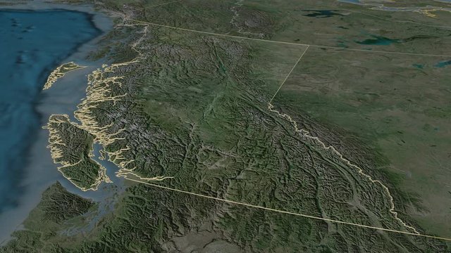 British Columbia, province with its capital, zoomed and extruded on the satellite map of Canada in the conformal Stereographic projection. Animation 3D