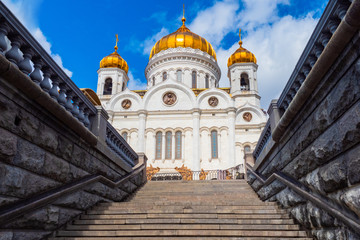 Moscow. Russia. Cathedral of Christ the Savior against the blue sky. Temples of Moscow. Excursion to the Cathedral of Christ the Savior. Churches of Russia. Orthodox church in Moscow.