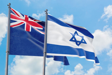 Israel and Anguilla flags waving in the wind against white cloudy blue sky together. Diplomacy concept, international relations.