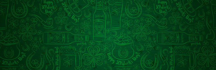 Fototapeta Green Patricks Day greeting banner with green clovers, beer mug, beer bottle, horseshoe, hat, pipe. Horizontal background, headers, posters, cards, website. Vector illustration obraz