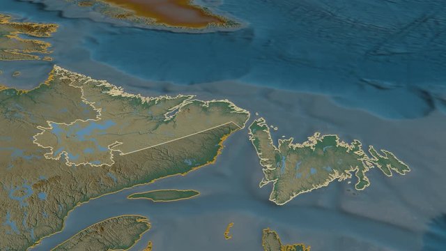 Newfoundland and Labrador, province with its capital, zoomed and extruded on the relief map of Canada in the conformal Stereographic projection. Animation 3D