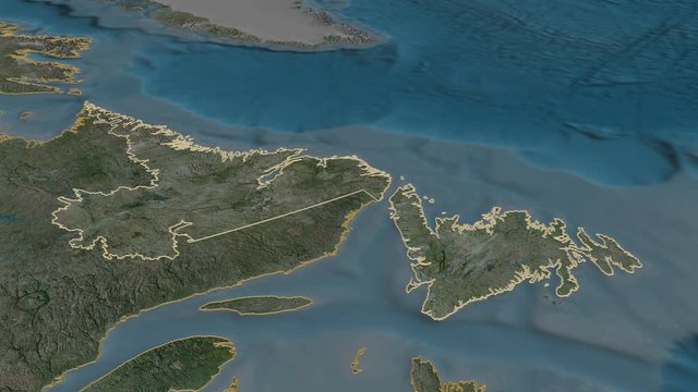 Newfoundland and Labrador, province with its capital, zoomed and extruded on the satellite map of Canada in the conformal Stereographic projection. Animation 3D
