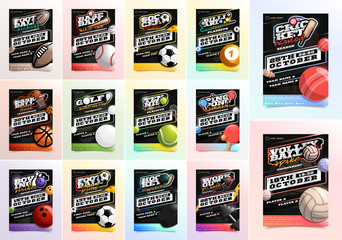 Sport Flyer Ad Mega Set Vector. Ice Hockey, Basketball, Tennis, Soccer, gym, billiard, bowling football emblem logo. Design For Sport Bar Promotion Template. A4 Size. Championship Flyer Illustration