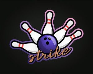Bowling strike vector sport Typography sticker illustration in retro style. Vector design emblem, badge and sporty template logo design.