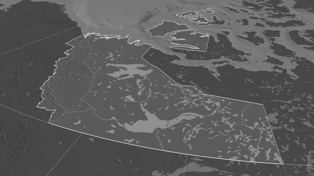 Northwest Territories, territory with its capital, zoomed and extruded on the bilevel map of Canada in the conformal Stereographic projection. Animation 3D