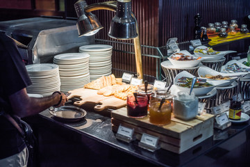Breakfast Buffet Concept. Breakfast Time in Luxury Hotel. Food Buffet Catering Dining Eating Party Concept.