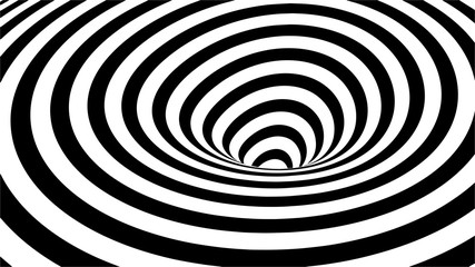 Optical illusion tunnel. Abstract 3d black and white illusions. Horizontal lines stripes pattern or background with wavy distortion effect. Vector illustration.