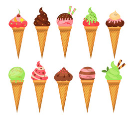 Cute Cartoon Ice Cream Set. Many Types Of Ice Cream Isolated On a White Background. Cartoon Flat Style. Vector Illustration