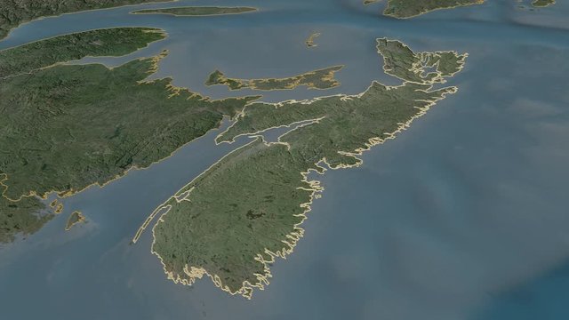 Nova Scotia, province with its capital, zoomed and extruded on the satellite map of Canada in the conformal Stereographic projection. Animation 3D